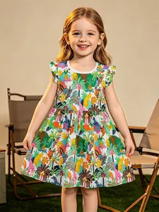 Robe d'Été pour Filles Imprimé Animal Tropical Sans Manches à Volants en Coton Robe de Princesse pour Enfants Plage Fête