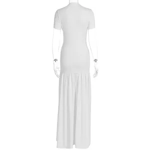 Detail of white short sleeve maxi dress with pleated skirt and slim fit design