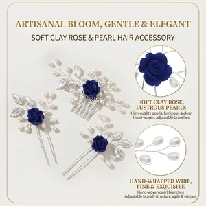 Pettine per capelli da sposa retrò francese con rose in argilla e perle d'argento