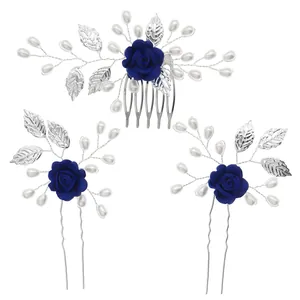 Set pettine per capelli da sposa vintage con rose blu e perle su sfondo bianco