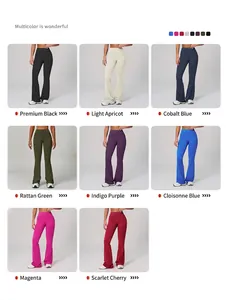 Detail view of high-waisted flared yoga pants shown in eight vibrant color options