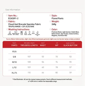 Size chart for high waisted flared yoga pants with length, waist, and hip measurements