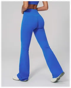 Rear view of cobalt blue high waisted yoga pants with a flared leg and lift design