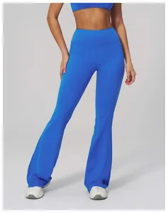 Close-up of high-waisted wide-leg yoga pants in vibrant cobalt blue for women