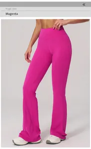 Macro detail of magenta high-waisted flared yoga pants showing fabric texture and fit