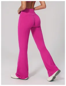 Back view of high waisted flare yoga pants in rose purple with butt lifting V-seam