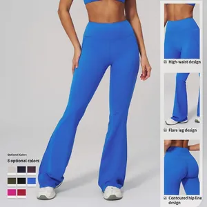 High waist flared yoga pants for women in royal blue color with tummy control design