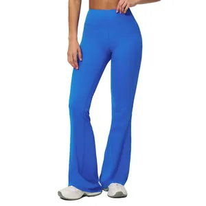 Women's high-waisted royal blue flared yoga pants with tummy control and slim fit design