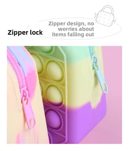 Macro view of rainbow pop-it bag featuring a secure zipper lock to prevent item loss