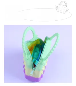 Rainbow silicone pop-it tote bag featuring zipper closure and spacious interior storage
