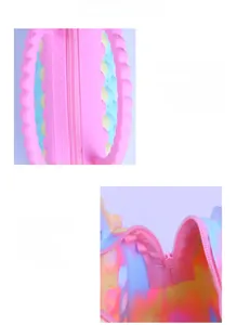 Detail view of pink silicone bag with rainbow bubbles and precision zipper stitching