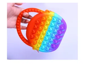 Rainbow silicone heart pop fidget handbag with round handle and zipper detail