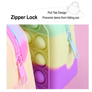 Macaron gradient silicone pop fidget bag featuring secure zipper closure and bubbles