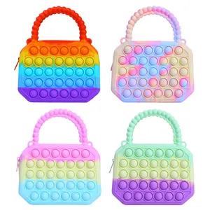 Rainbow and macaron pop it silicone handbags for women and kids with bead handles