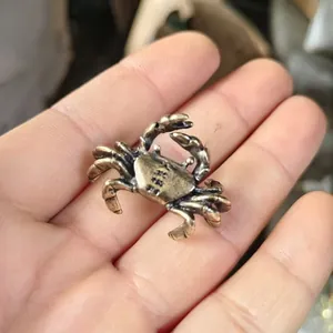 Detailed macro view of vintage bronze crab figurine held in hand for scale and texture