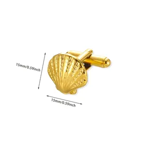 Detail view of gold shell cufflinks for men showing 15mm dimensions and texture