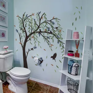 Hand-painted weeping willow wall decal with birds for living room wall decoration