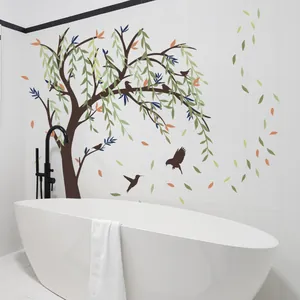 Hand-painted tree wall decal with leaves and birds for living room wall decoration