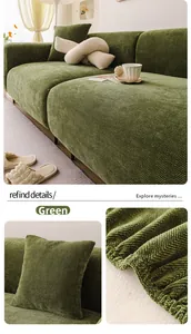 Gros plan du tissu de housse de canapé en chenille verte à motif chevrons doux