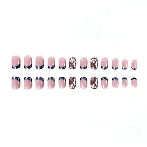 24pcs short square dark blue French press-on nails with stars and glitter powder