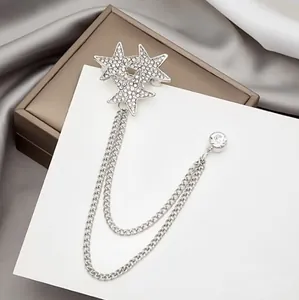 Detail of silver star brooch with sparkling rhinestones and delicate chains