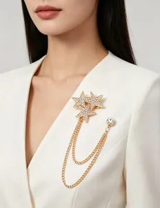 Close-up of a sparkling star brooch with gold chains on a white blazer lapel