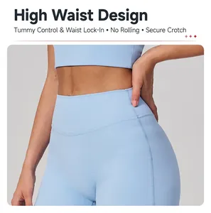 Detail of high-waisted seamless yoga leggings highlighting the tummy control design