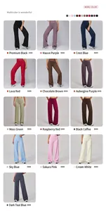 Collage of high waisted yoga flare pants showing thirteen different vibrant color options