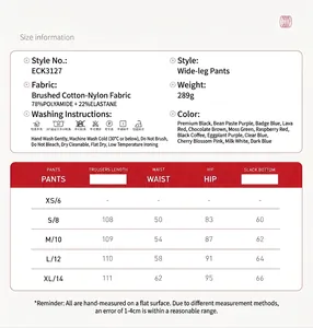 Detailed size chart for high waist wide leg sports pants with fabric and washing care