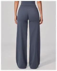 Rear view of high-waisted wide-leg yoga pants with V-shaped back seam in dark blue-grey