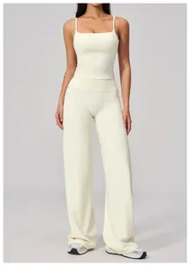 Women's cream yellow yoga set with camisole and high-waist wide-leg fitness pants
