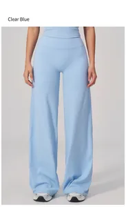 Sky blue high-waisted wide-leg yoga pants featuring professional drape and loose fit