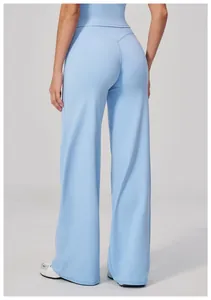 Rear view of light blue high-waisted wide-leg sports trousers with a smooth drape