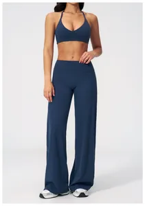Dunkelblaues Yoga-Set Detail mit V-Ausschnitt Sport-BH und weitem Bein Sporthose
