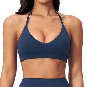 Marineblauer Halterneck Sport-BH mit V-Ausschnitt und matter Optik für Yoga und Gym
