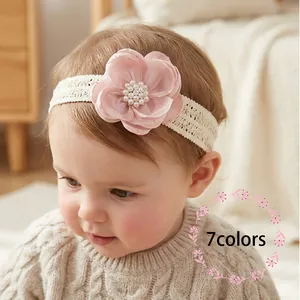 Baby Meisjes Bloem Kant Elastische Hoofdband Zachte Florale Haarband Met Kunstparel Accenten Voor Pasgeboren Fotografie