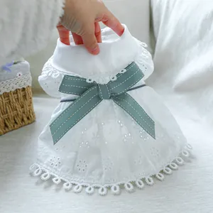Detailed close-up of a white lace dog dress with a blue striped bow for small pets