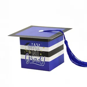 Blue striped graduation cap gift box with a blue tassel and Way to Go Grad print