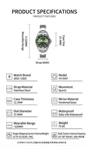 Detailed specifications of silver steel watch with green dial and 37.4mm case
