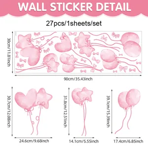 Cartoon Pink Watercolor Balloon Bow Heart Star Wall Stickers PVC Self Adhesive Nursery Kids Room Decor