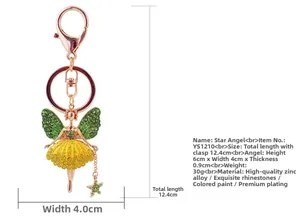 Dimensions détaillées du porte-clés ange avec ailes en strass verts et étoile