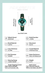 Detailed size specifications for the green octagonal dial ladies quartz watch