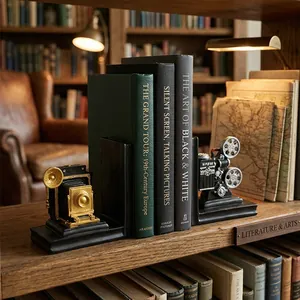 Retro camera and film projector bookends with vintage metallic texture for study decor