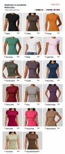 Collage of slim fit yoga t-shirts in 17 different colors on professional models