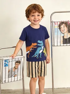Ensemble de Vêtements Décontractés d'Été en Coton pour Garçons Haut Et Pantalon T-Shirt à Manches Courtes avec Imprimé Dinosaure et Short à Rayures Verticales