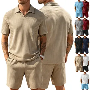 Detail of ribbed fabric texture on men's polo shirt and drawstring casual shorts set