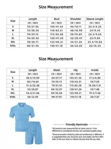 Size chart showing measurements for men's casual polo shirt and shorts sports set