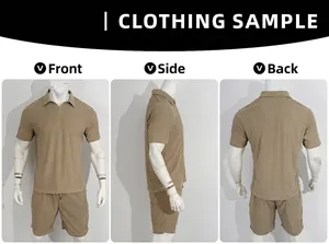 Front, side, and back views of a men's khaki summer set with ribbed jacquard texture