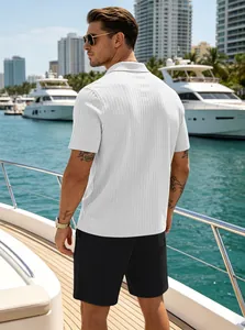 Texture detail of men's polo set with vertical stripes on a luxury yacht deck