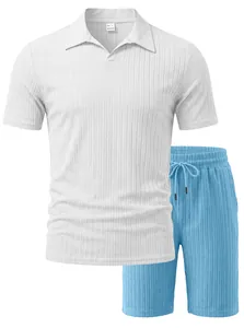 Detail of 100% polyester fabric texture and L size label on men's striped polo set